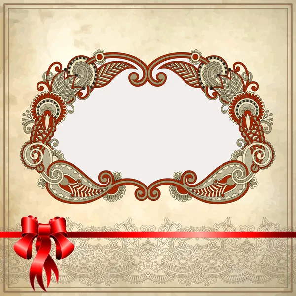 Holiday background with red ribbon and floral frame — Stock Vector