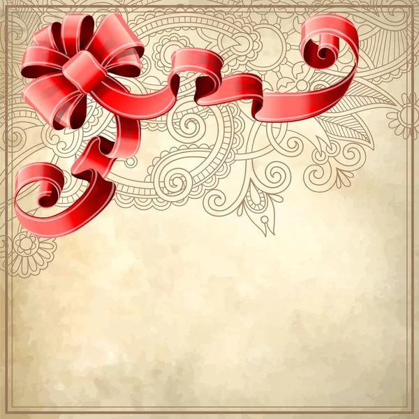 Holiday background with red ribbon and floral pattern, EPS10 — Stock Vector