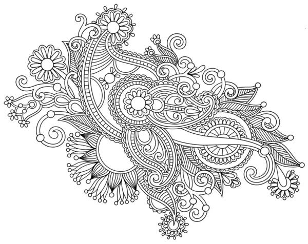 Dessin à la main dessin en ligne noir et blanc motif fleur orné — Image vectorielle