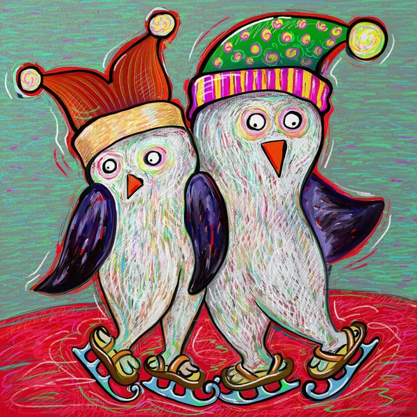 Doodle penguin couple ice skate, digital painting illustration — Stock Photo, Image