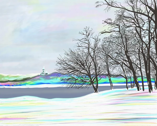 Rural winter landscape , digital painting illustration — Stock Photo, Image