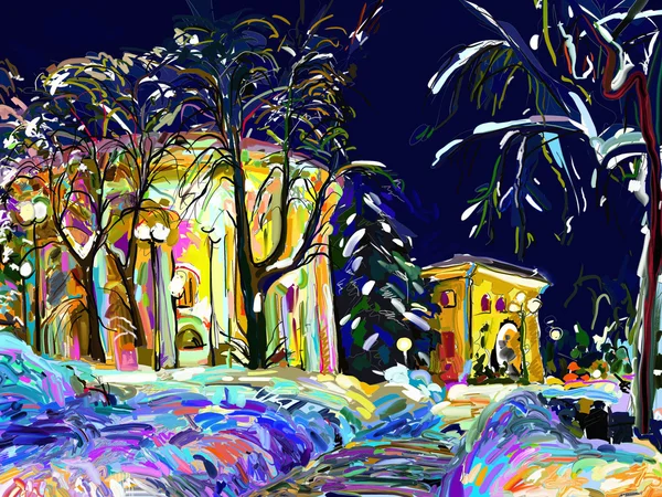 Noche de invierno paisaje urbano pintura digital — Foto de Stock