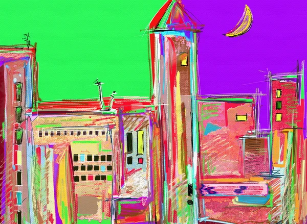 Originele digitale schilderij, nacht stadsgezicht. moderne impressionisme — Stockfoto
