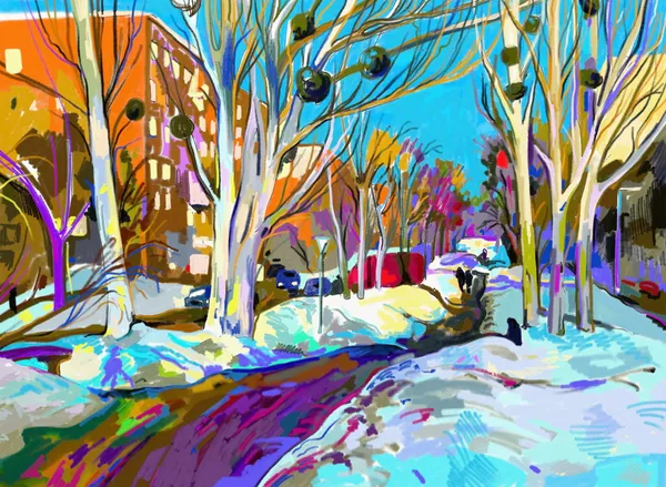Ursprüngliche digitale Malerei der winterlichen Stadtlandschaft. Moderner Impressionismus — Stockfoto