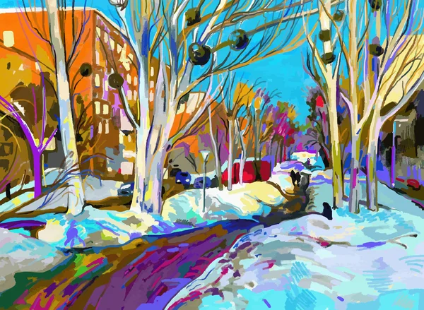 Peinture numérique originale du paysage urbain d'hiver. Impression moderne — Image vectorielle