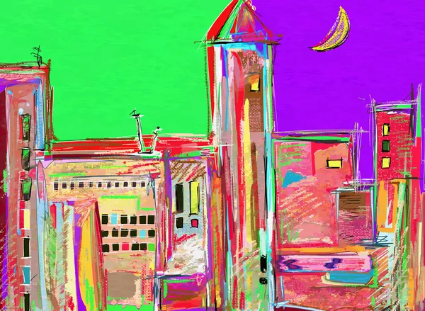 Originele digitale schilderij, nacht stadsgezicht. moderne impressionisme — Stockvector