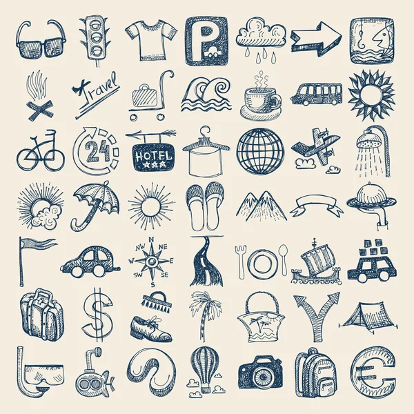 49 conjunto de iconos de dibujo a mano, tema de viaje — Vector de stock