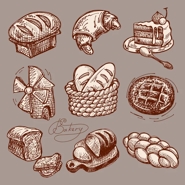 Digitale tekening bakkerij pictogrammenset — Stockvector