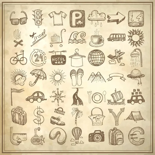 49 dessin à la main jeu d'icônes doodle, thème de voyage — Image vectorielle