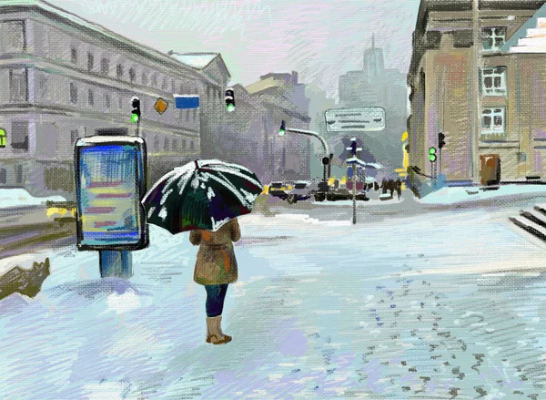 Digital art painting of winter city landscape — Stock Photo, Image