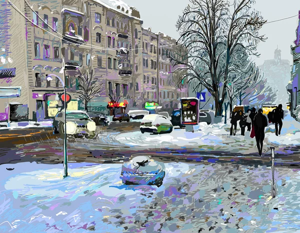 Peinture numérique de l'hiver Kiev paysage urbain, Ukraine, slush a — Photo