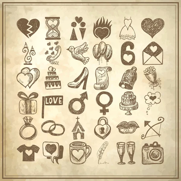 36 hand tekening doodle pictogram set, bruiloft schetsmatig illustratie — Stockvector