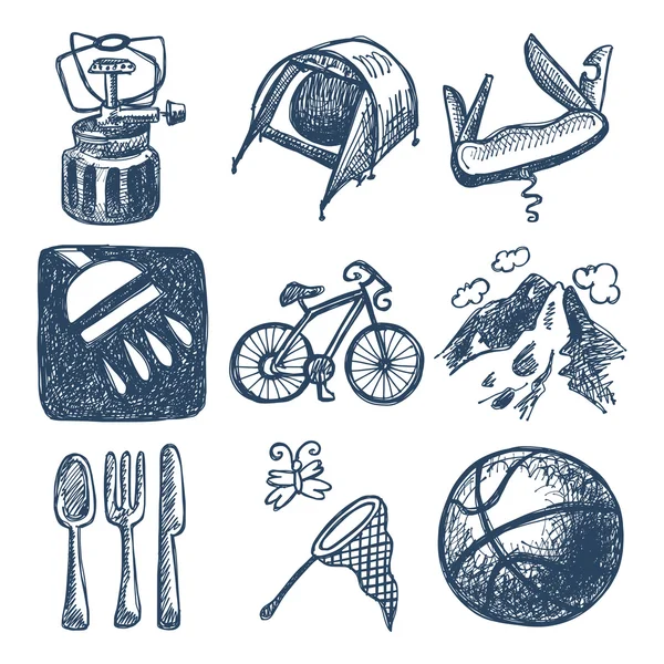 Bosquejo doodle icono de la colección, picnic, viajes y camping tema — Archivo Imágenes Vectoriales