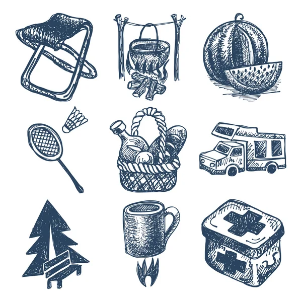 Bosquejo doodle icono de la colección, picnic, viajes y camping tema — Archivo Imágenes Vectoriales
