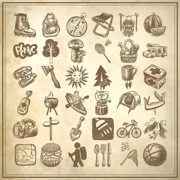 Bosquejo doodle icono de la colección, picnic, viajes y camping tema — Vector de stock