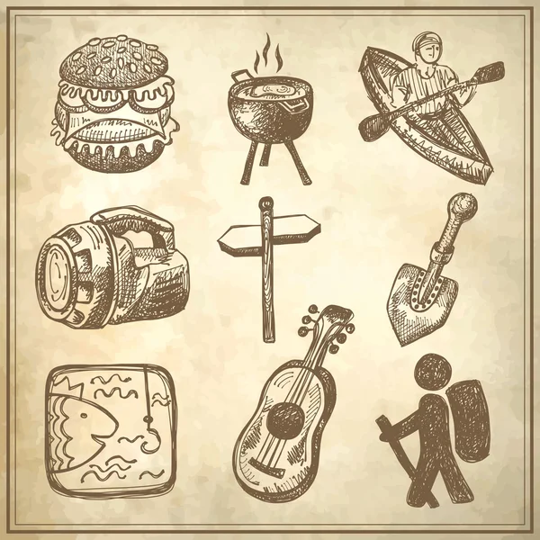 Bosquejo doodle icono de la colección, picnic, viajes y camping tema — Archivo Imágenes Vectoriales