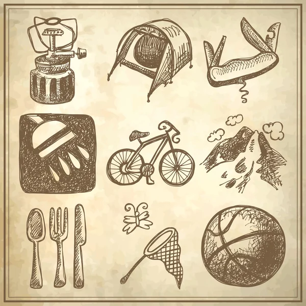 Скетч каракулі колекція значків, пікнік, подорожі і тема кемпінгу — стоковий вектор