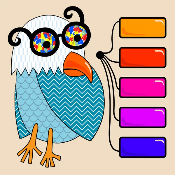 Doodle vintage bande dessinée drôle d'oiseau avec des lunettes de couleur et bouton — Image vectorielle