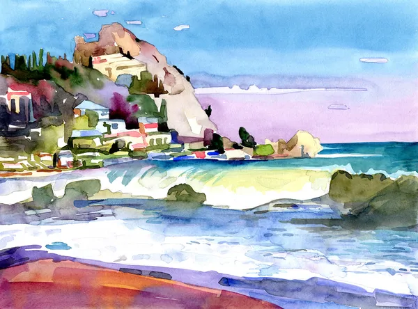 Оригинальная акварельная живопись шторма на берегу моря — стоковое фото