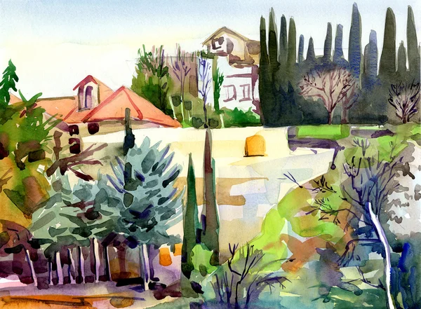 Paysage aquarelle original avec des arbres et des maisons — Photo