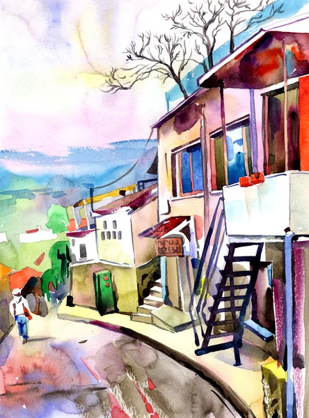 Pintura acuarela original de la vieja calle en Gurzuf — Foto de Stock