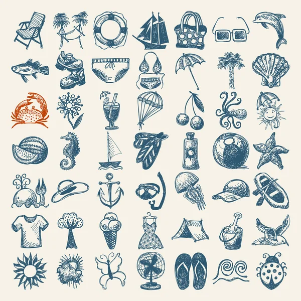 49 tangan menggambar sketsa pengumpulan ikon musim panas - Stok Vektor