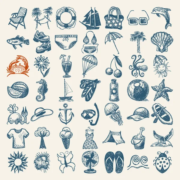 49 hand draw sketch summer icons collection Stock Vector
