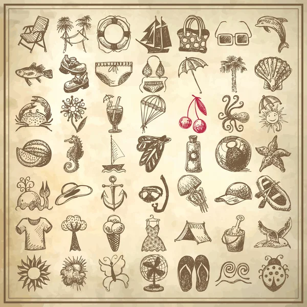 49 hand draw sketch summer icons collection Stock Vector