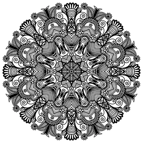 Adorno de encaje circular, patrón de tapete geométrico ornamental redondo, colección en blanco y negro — Vector de stock