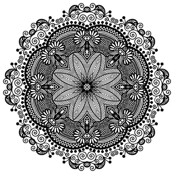 Circle lace ornament, round ornamental geometric doily pattern, black and white collection — Stock Vector