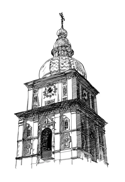 Desenho digital da igreja ucraniana, estilo gravura. Kiev, mosteiro de Mihaylovskiy — Vetor de Stock