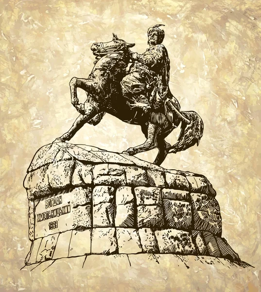 Dibujo digital original incompleto del monumento histórico del famoso hetman ucraniano Bogdan Khmelnitsky, Kiev (Kiev), Ucrania — Vector de stock
