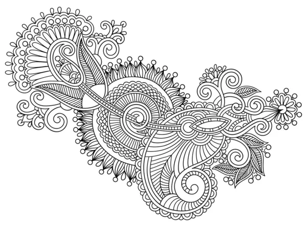 Diseño de flores ornamentado de arte de línea negra, estilo étnico ucraniano — Vector de stock