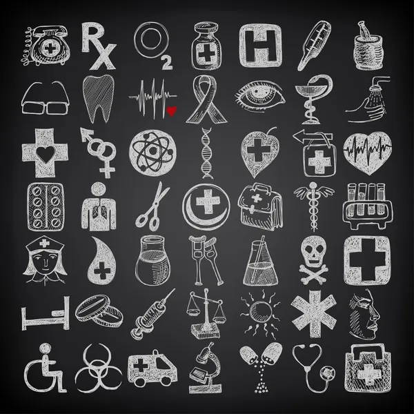 49 hand drawing doodle icon set, medical theme on black background — Stock Vector