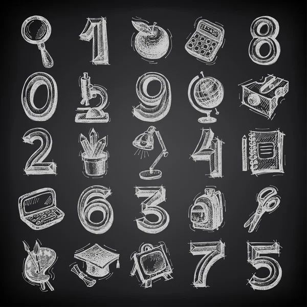 25 sketch education icons, numbers and objects on black background — Stock Vector