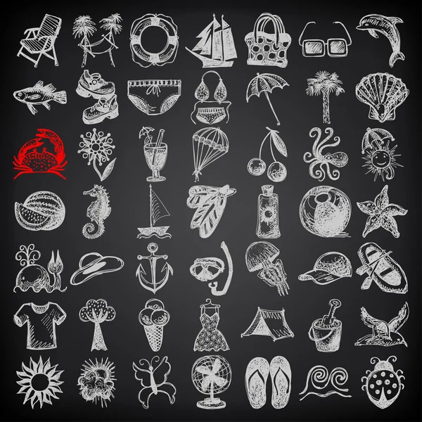 49 hand draw sketch summer icons collection on black background Stock Illustration