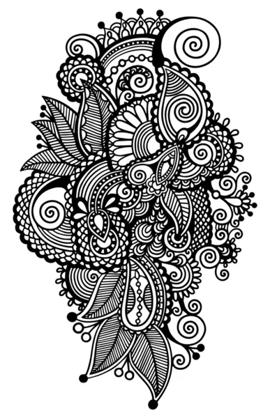 Black line art ornate flower design, ukrainian ethnic style — Stock Vector