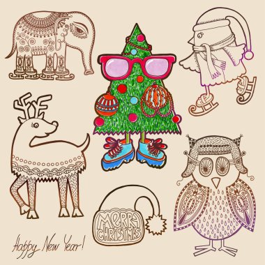 Penguin, fir tree, owl, bird, deer, elephant, christmas hat vector Penguin, fir tree, owl, bird, deer, elephant, christmas hat vector