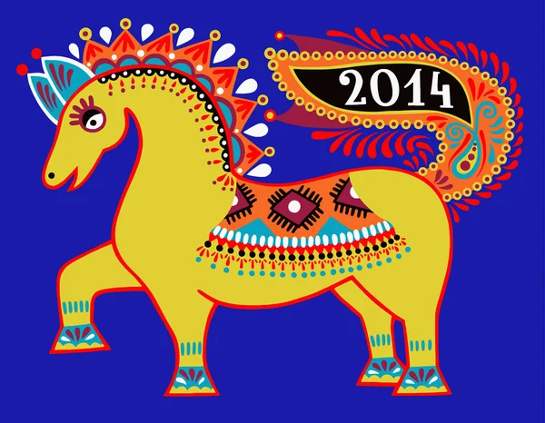 Лошадь, народная племенная этническая иллюстрация, 2014 новый год — стоковый вектор
