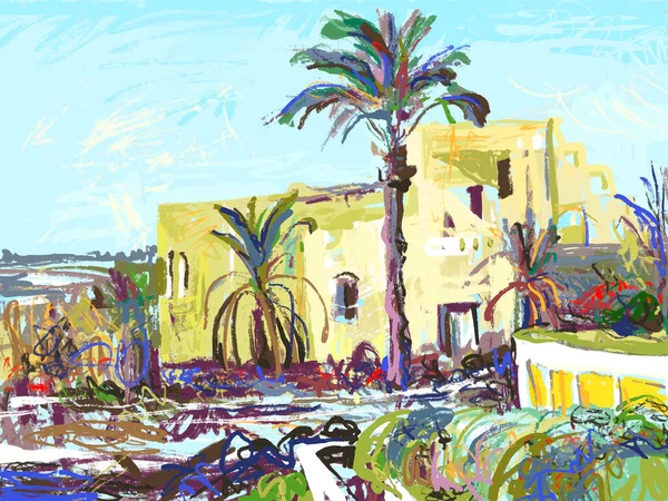 Digitaal schilderen van Egypte landschap met palmen — Stockvector