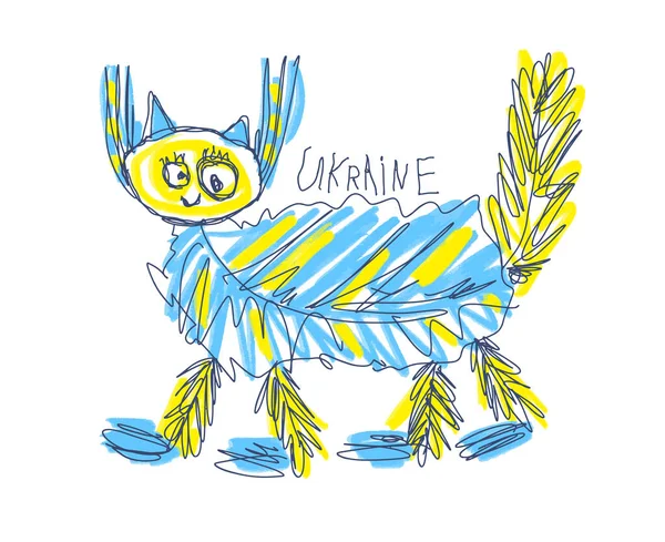 Childs dibujo de un gato peludo en los colores azul y amarillo de la bandera de Ucrania — Vector de stock