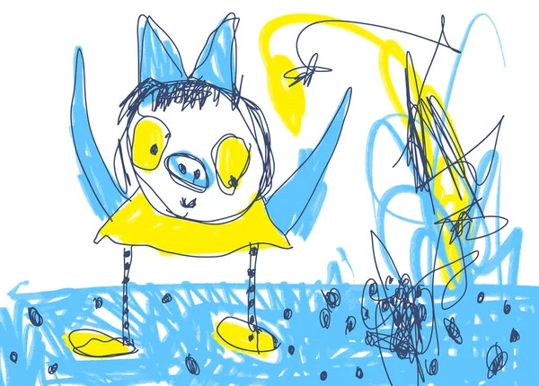Παιδικό σχέδιο φτερωτού χοίρου σε μπλε και κίτρινες αποχρώσεις της ουκρανικής σημαίας — Διανυσματικό Αρχείο