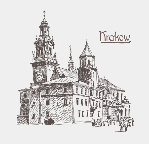 Original Sketch Drawing Old Medieval Church Krakow Hand Lettering Inscription — Vettoriale Stock