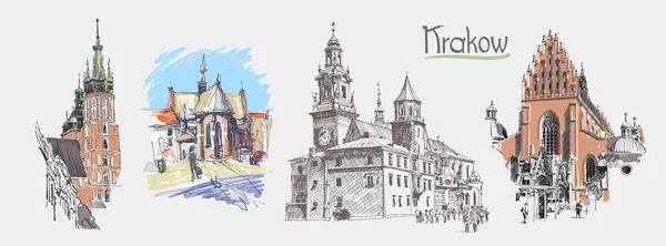 Set Original Sketch Drawing Old Medieval Church Krakow Hand Lettering — Stok Vektör