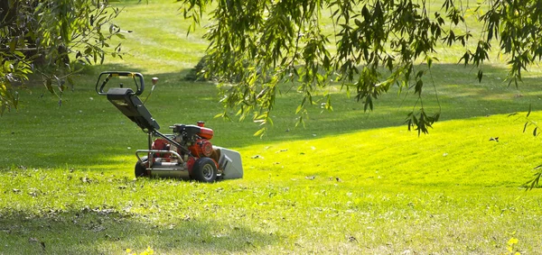 Cortador de grama no gramado verde em um dia ensolarado — Fotografia de Stock