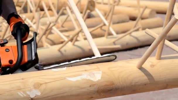 De kettingzaag het logboek van hout snijden — Stockvideo