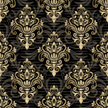 Arka plan ya da duvar kağıdı tasarımı için kusursuz damaske deseni. Siyah ve altın dijital kağıt.