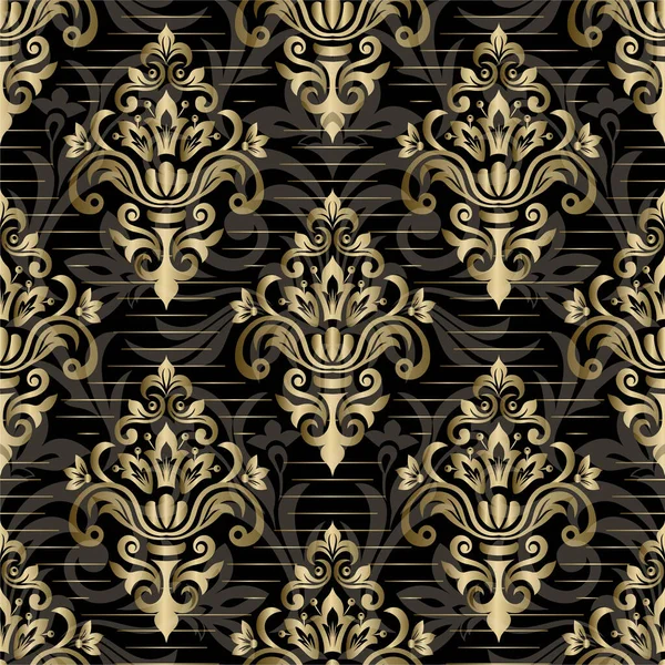 Patrón de damasco sin costuras para el diseño de fondo o papel pintado. Papel digital negro y dorado. — Vector de stock