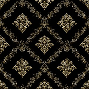 Arka plan ya da duvar kağıdı tasarımı için kusursuz damaske deseni. Siyah ve altın dijital kağıt.