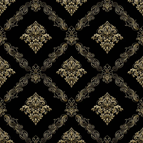 Arka plan ya da duvar kağıdı tasarımı için kusursuz damaske deseni. Siyah ve altın dijital kağıt.